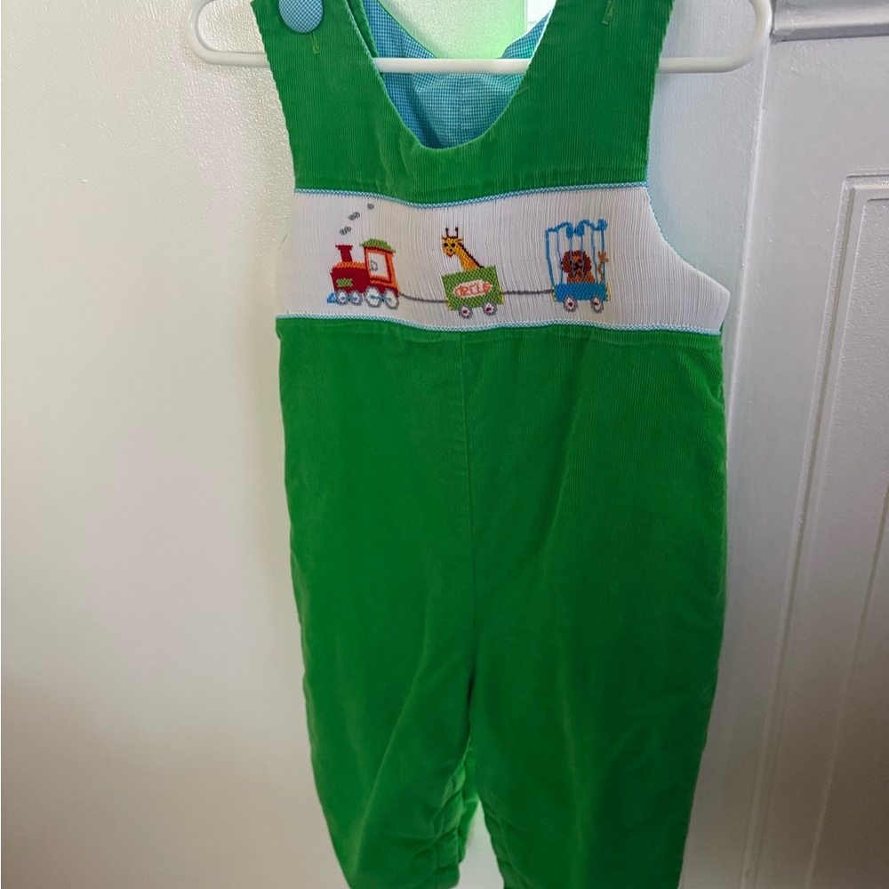 Green Toddler Jon Jon with Smocked Train Design